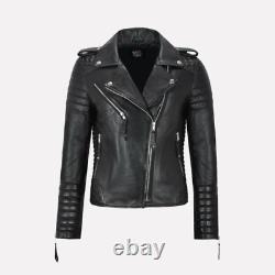 Veste en cuir pour dames style biker classique en simili cuir noir