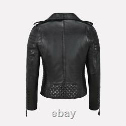 Veste en cuir pour dames style biker classique en simili cuir noir