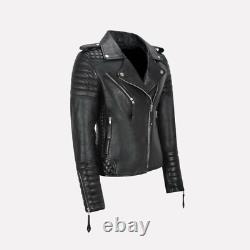 Veste en cuir pour dames style biker classique en simili cuir noir