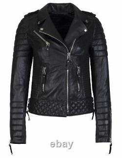 Veste en cuir véritable pour femmes, veste de moto motard noir en agneau original
