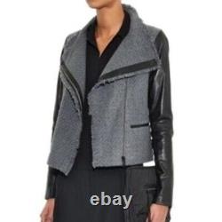 Veste en tweed gris et cuir d'agneau noir VINCE