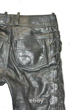 Vrai Cuir Homme Dentelle Vers Le Haut Moto Biker Pantalons Noir Taille W32 L31