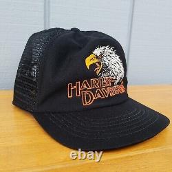 Vtg. FABRIQUÉ AU TEXAS, ÉTATS-UNIS Casquette Trucker Snapback Harley Davidson Screaming Eagle années 70