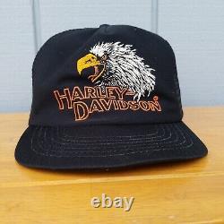 Vtg. FABRIQUÉ AU TEXAS, ÉTATS-UNIS Casquette Trucker Snapback Harley Davidson Screaming Eagle années 70